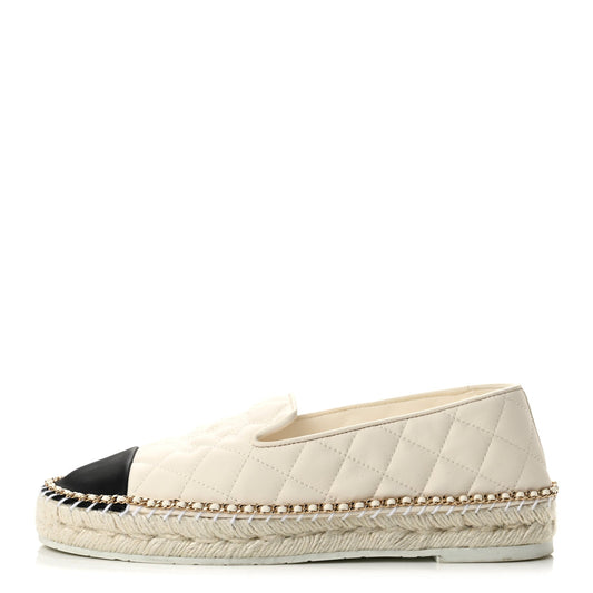 Shiny Lambskin Quilted Grosgrain Cap Toe CC Chain Espadrilles White Bl