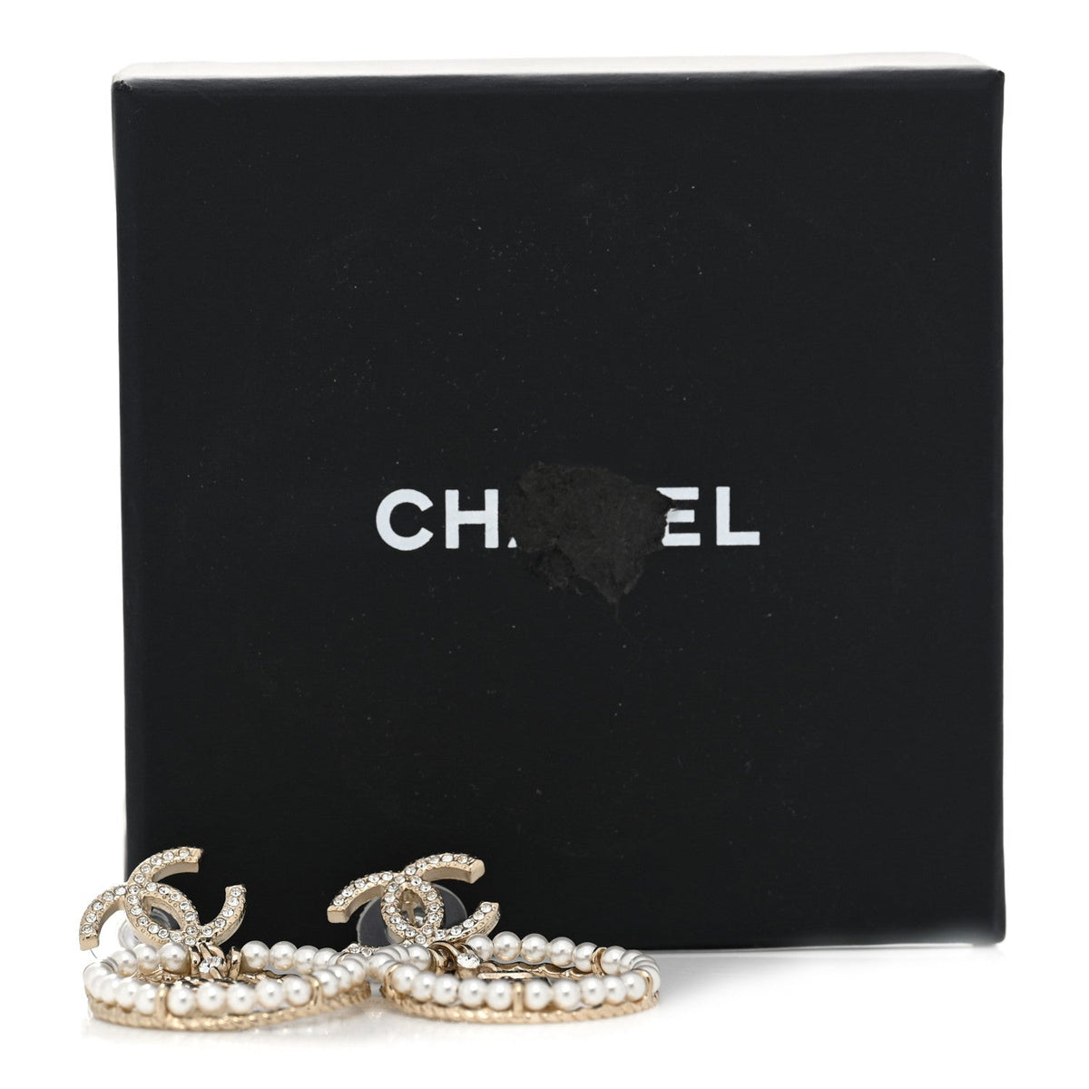 Crystal Pearl Chanel Charms CC Drop Earrings Gold