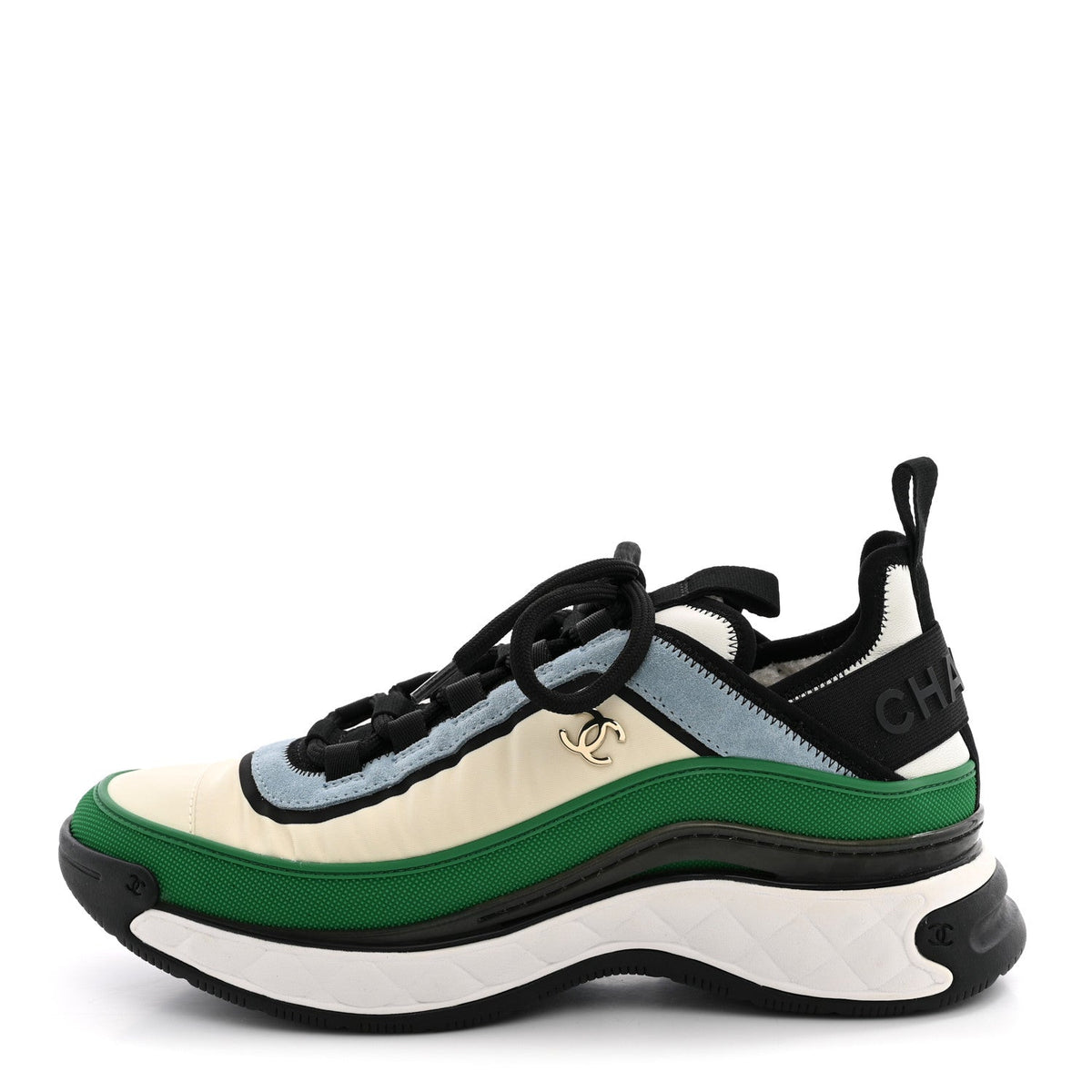 Chanel Suede Calfskin Mixed Fibers Women's CC Sneakers 39 Ivory Green Light Blue