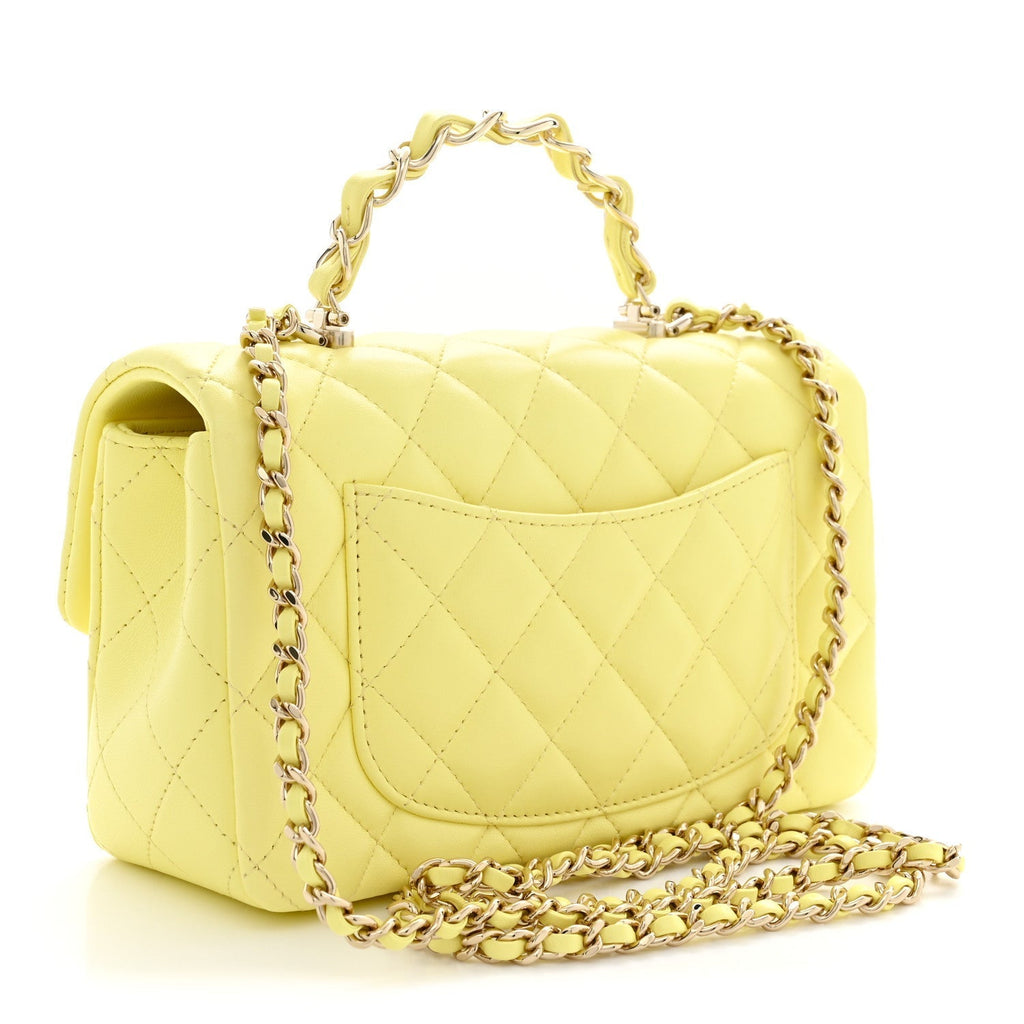 Chanel Lambskin Quilted Mini Chain Top Handle Rectangular Flap Light Yellow