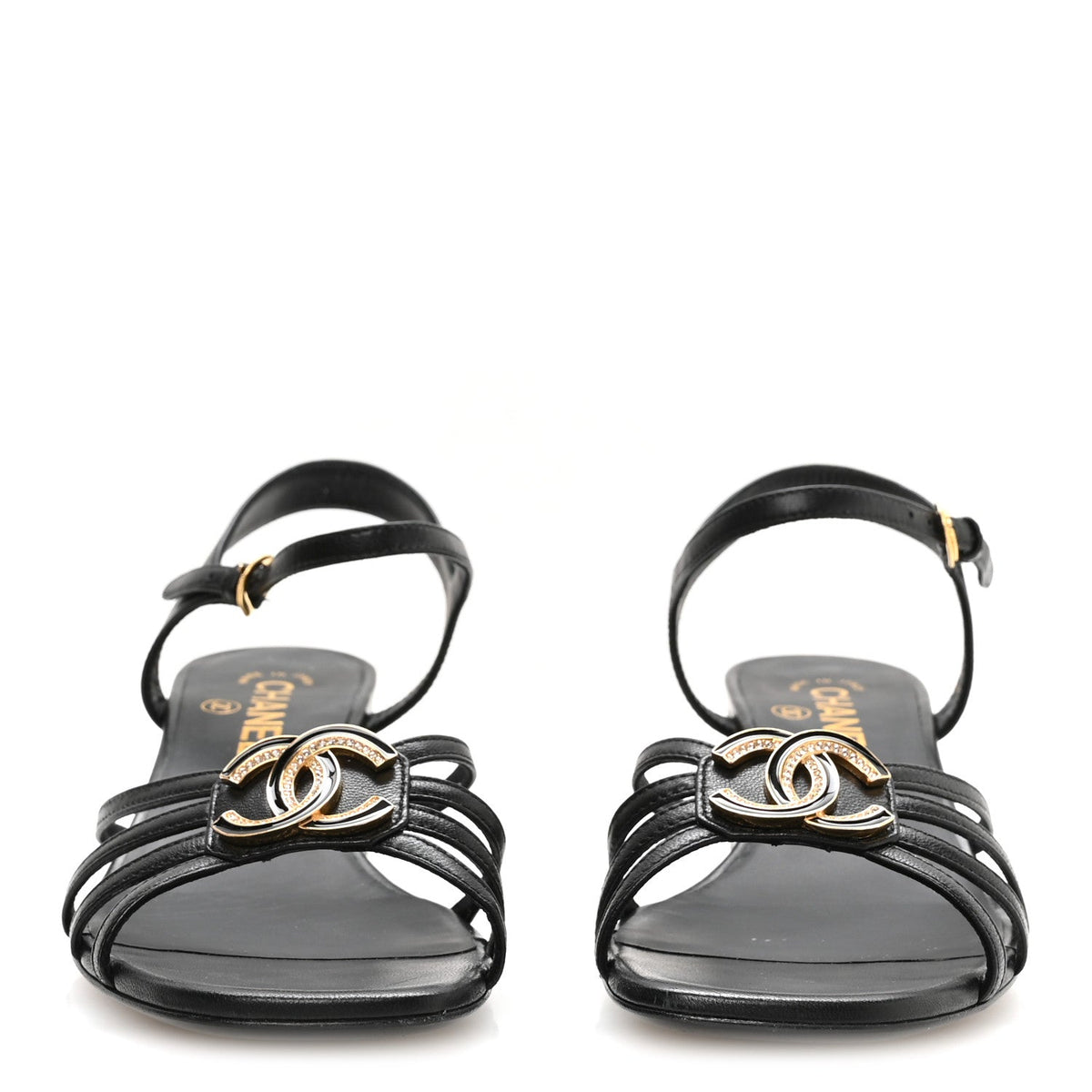 Chanel Lambskin Crystal CC Women's Sandals 37.5 Black