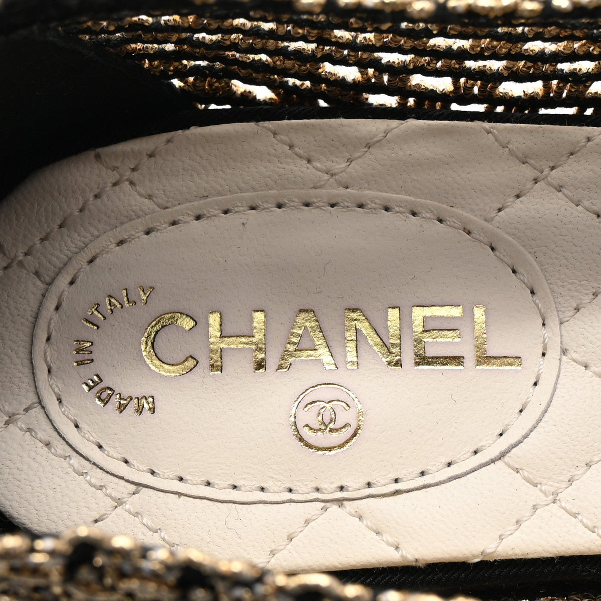 Chanel Knit Grosgrain Women's Cap Toe CC Moccasin Loafers 36 Gold Black