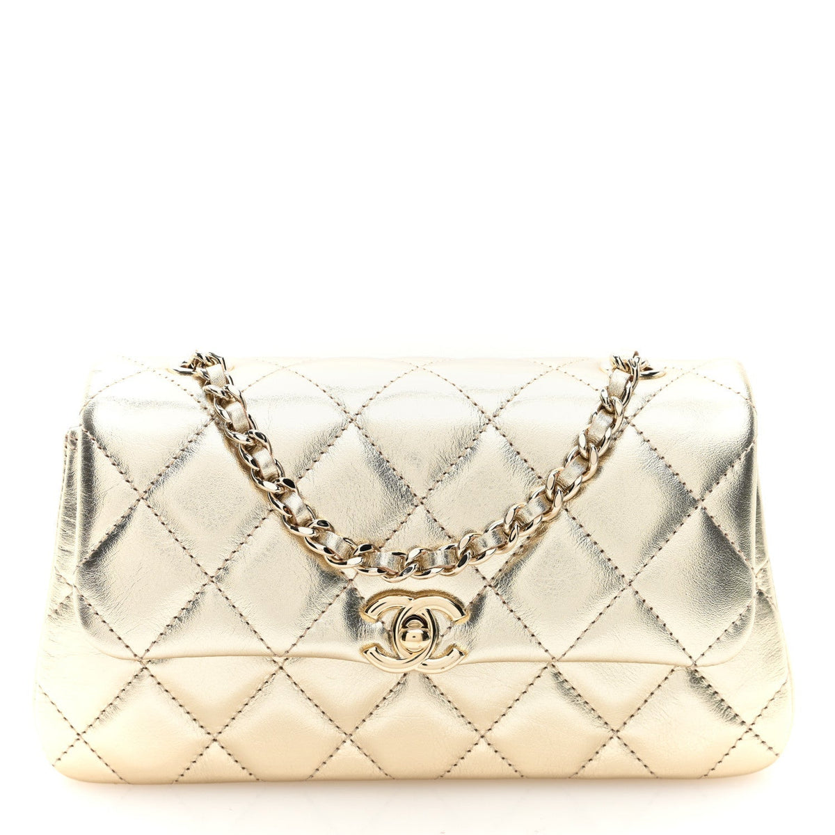 Chanel Metallic Lambskin Quilted Flap Phone Holder With Chain Gold