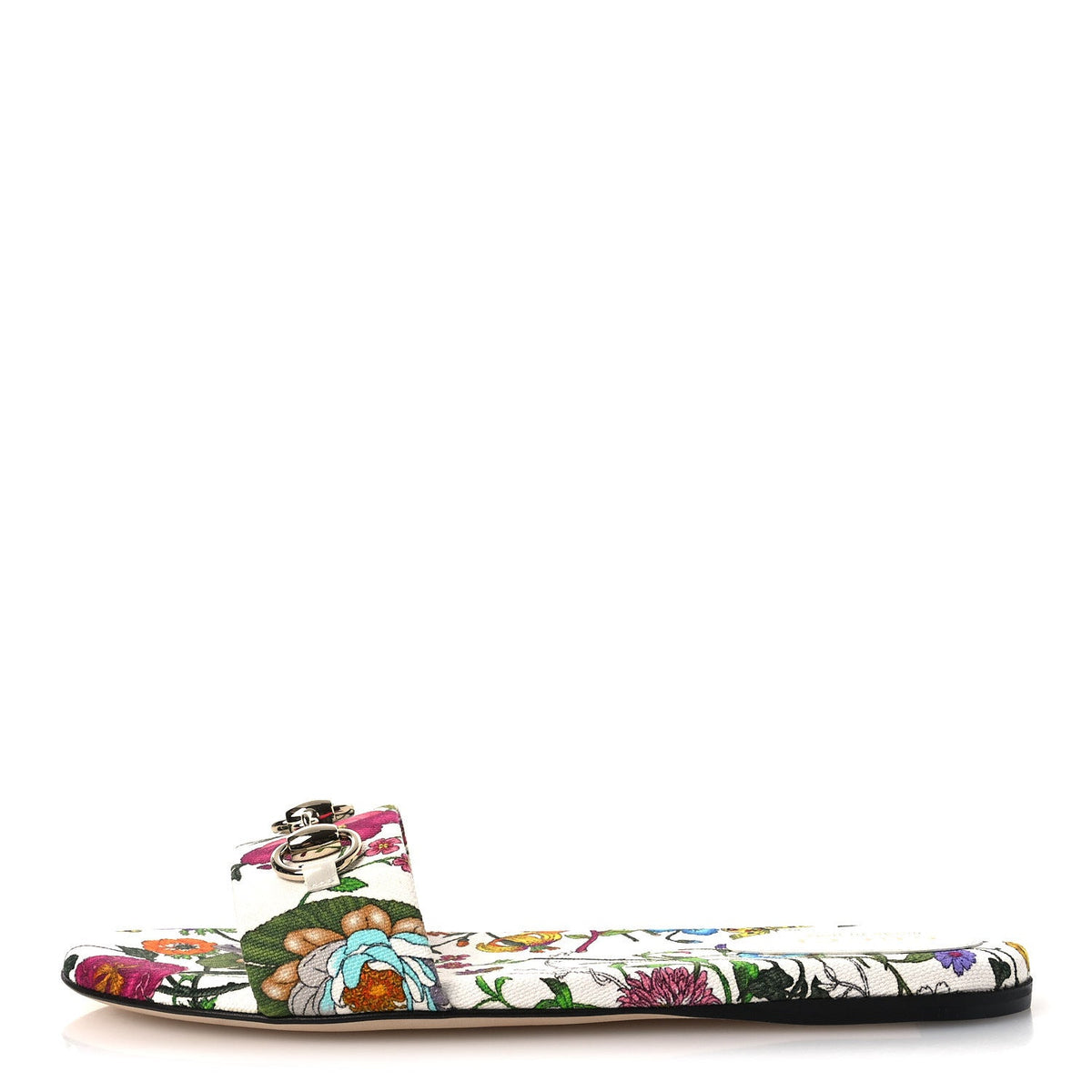 Canvas Flora Print Horsebit Slide Sandals White