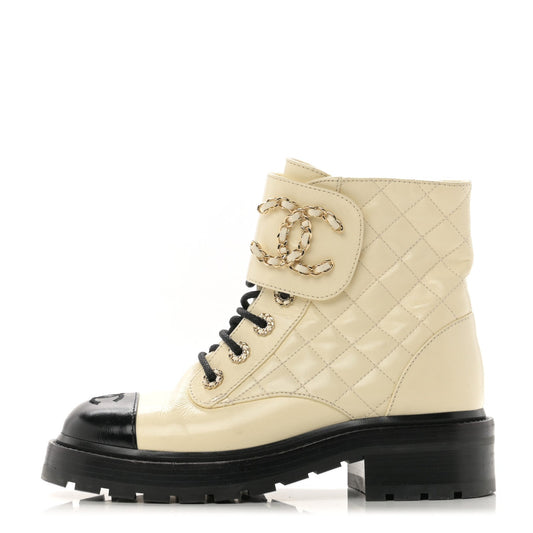 Shiny Goatskin Calfskin Quilted Lace Up Combat Boots Ivory Black