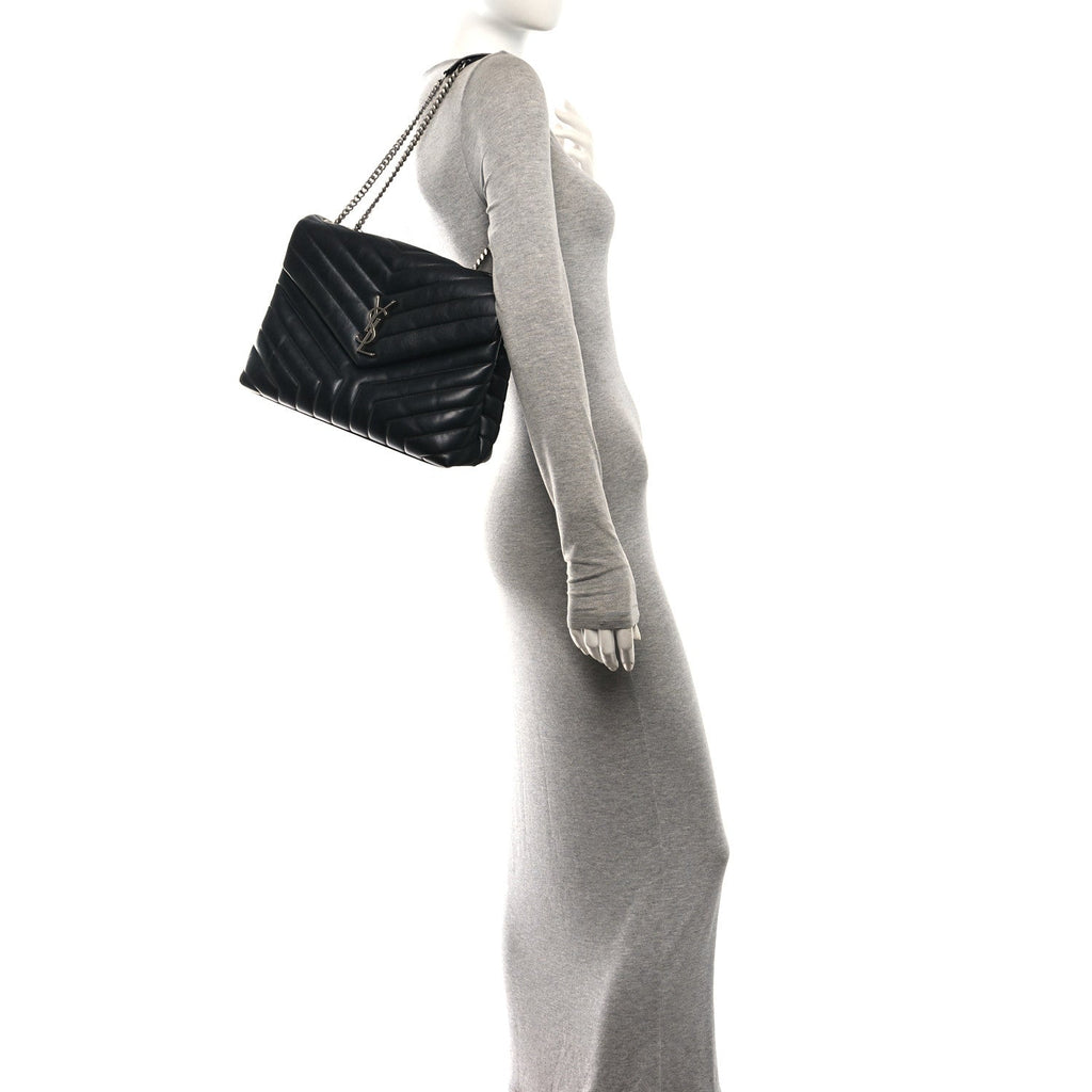 Saint Laurent Calfskin Y Quilted Monogram Medium Loulou Chain Satchel Black