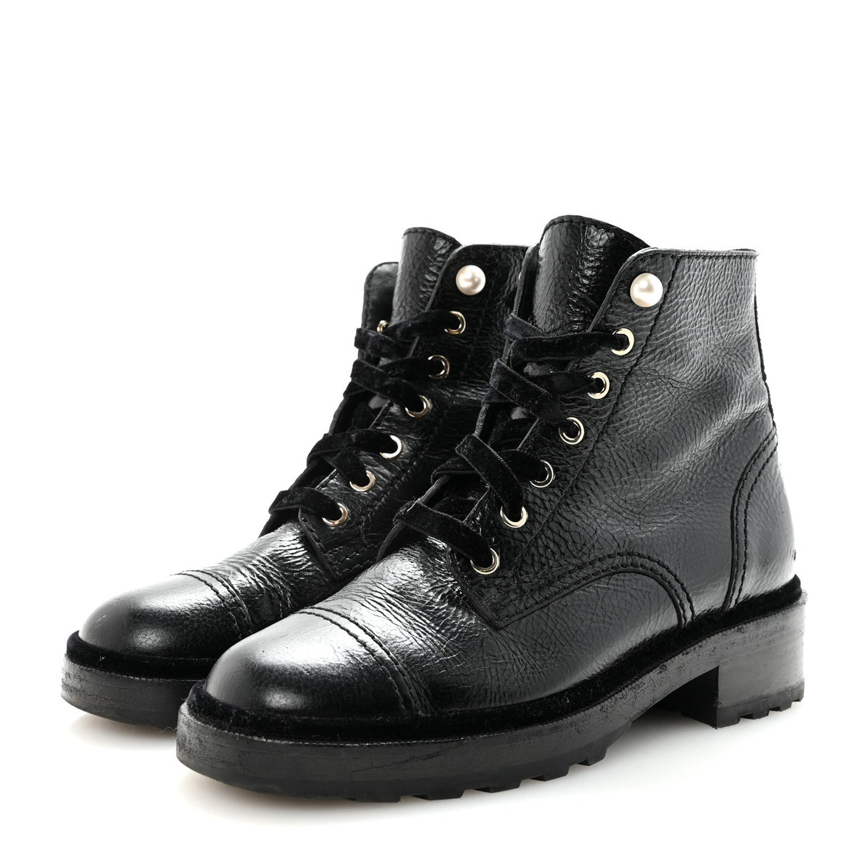 Chanel Shiny Calfskin Velvet Pearl Women's Combat Short Boots 38.5 Black