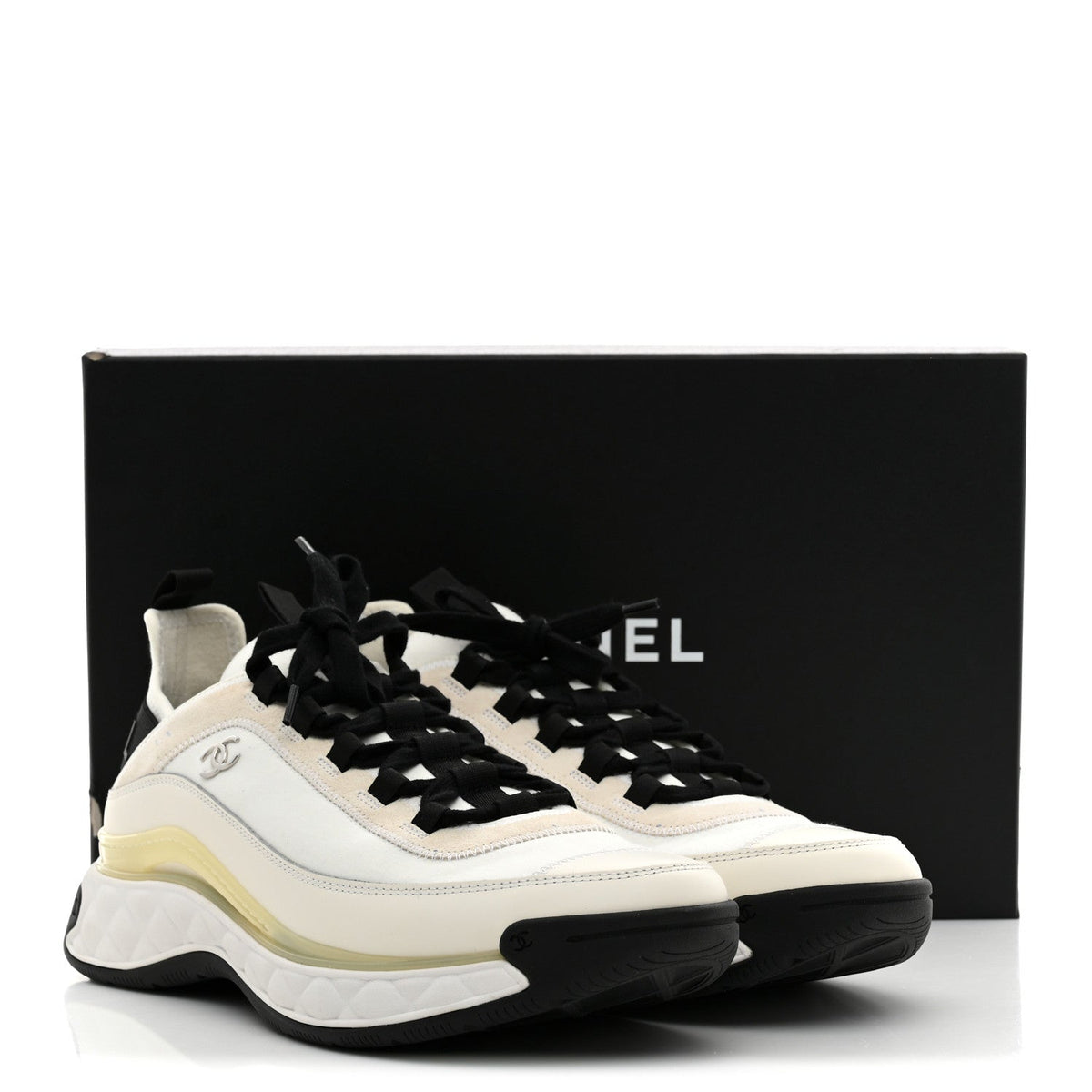 Chanel Velvet Calfskin Mixed Fibers Men's CC Sneakers 44 Ivory Black