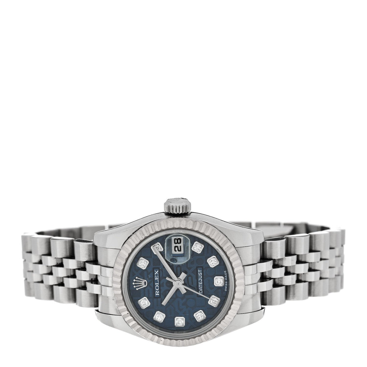 Rolex Stainless Steel 18K White Gold Diamond 26mm Datejust Watch Blue Jubilee 179174