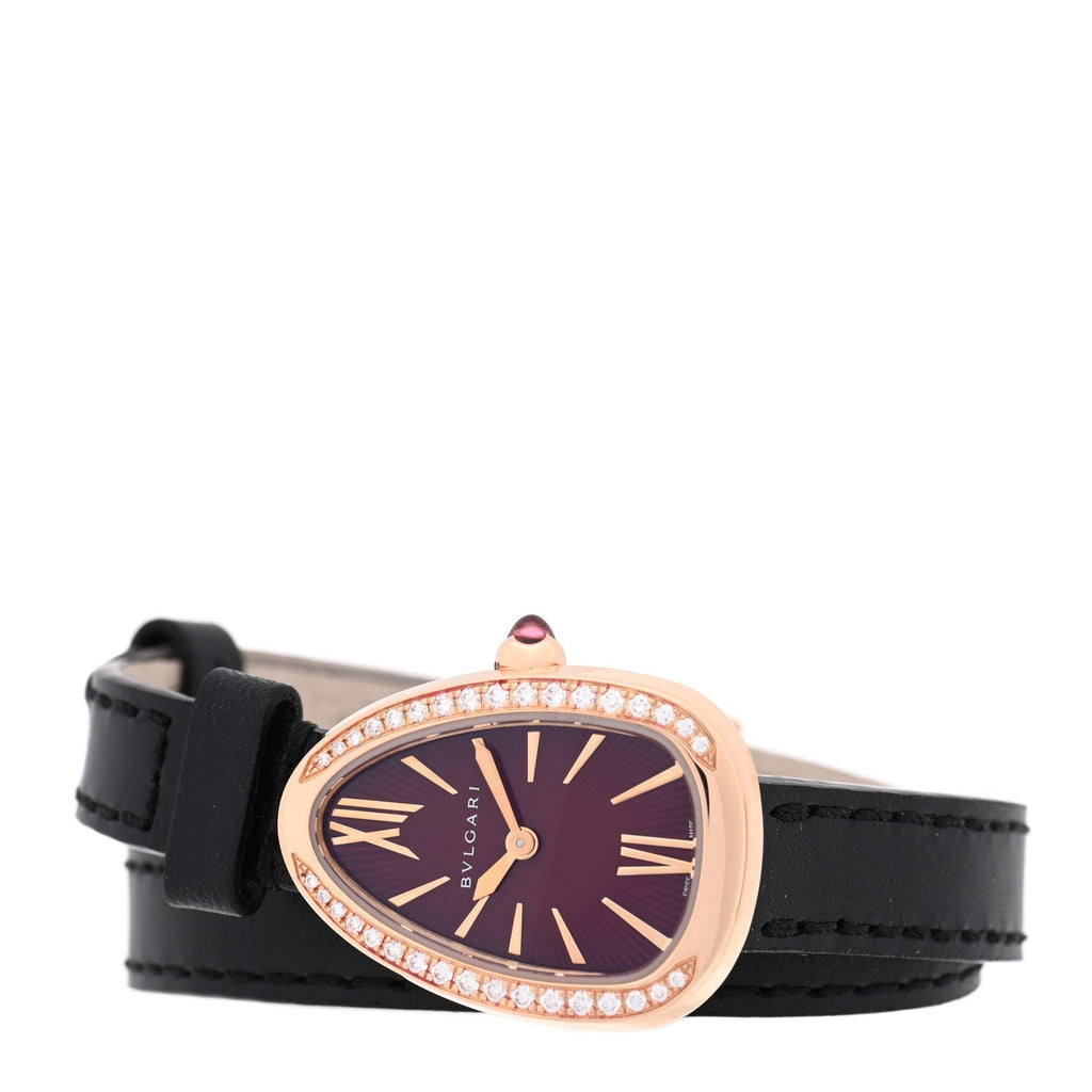 Bulgari 18K Rose Gold Calfskin Diamond 20mm Serpenti Double Wrap Watch Red