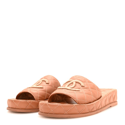 Chanel Lambskin Quilted Women's CC Mules Sandals 37 Brown