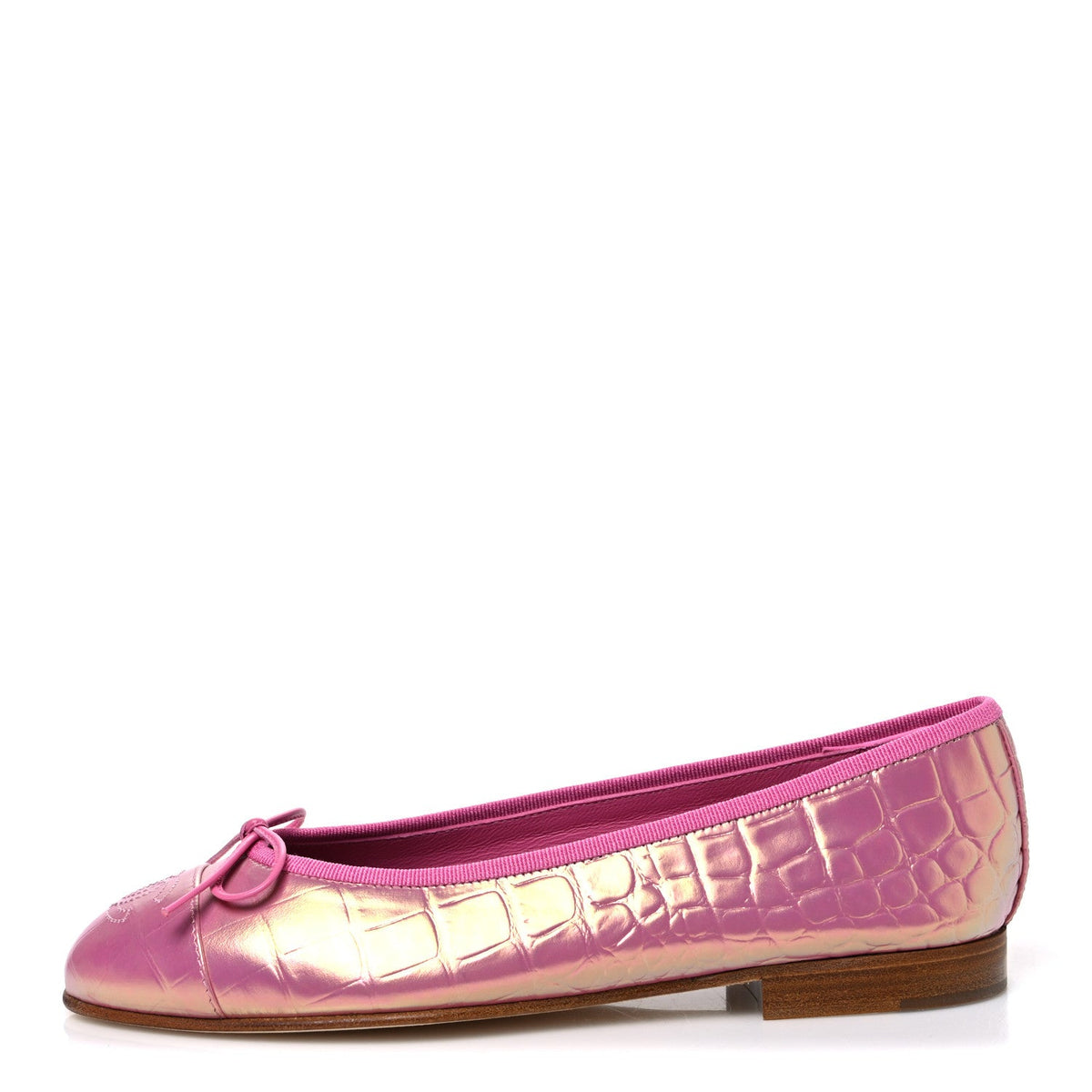 Iridescent Calfskin Crocodile Embossed Ballerina Flats Pink