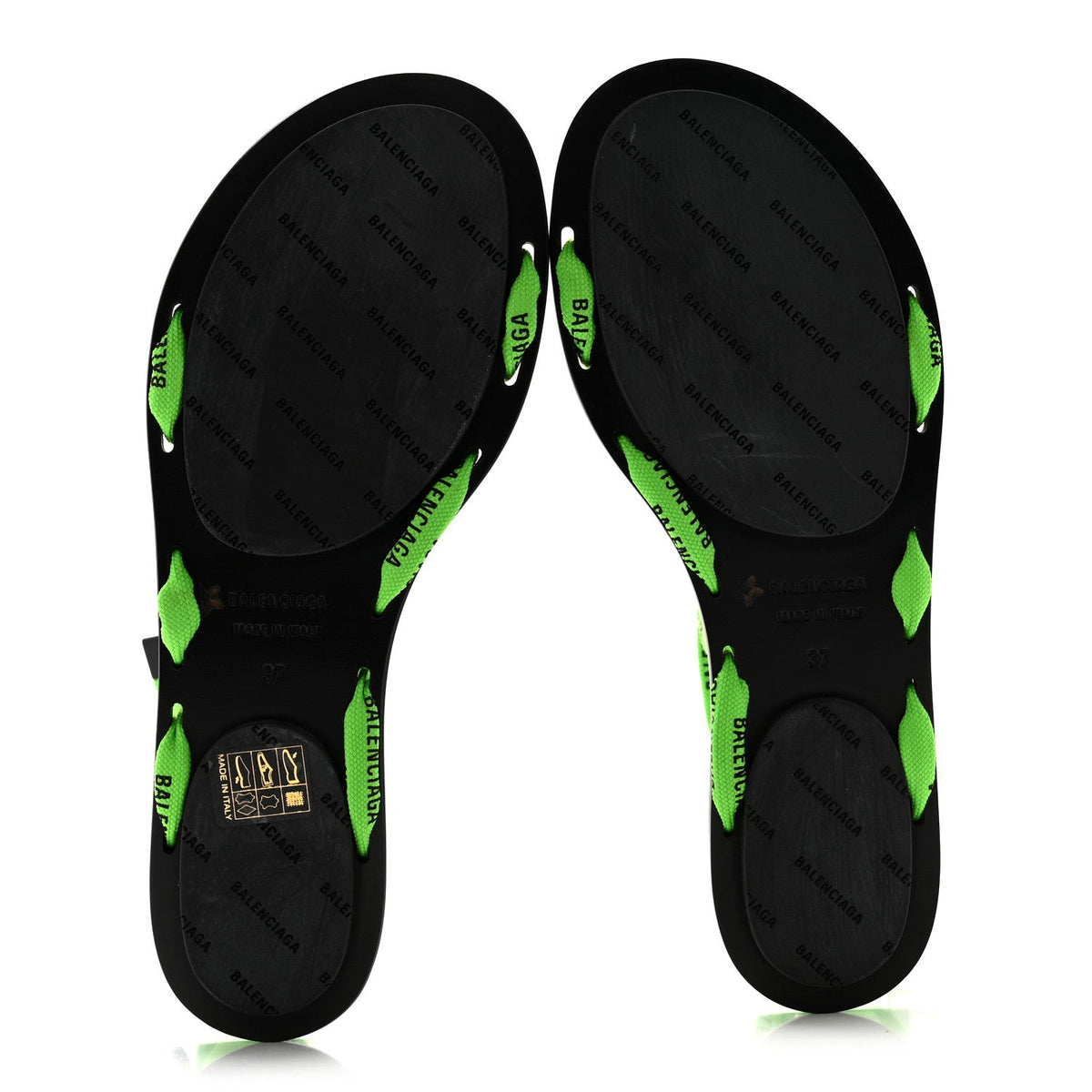 Balenciaga Nylon Calfskin Women's Logo Lace Flat Sandals 37 Neon Green