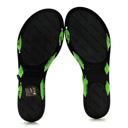 Balenciaga Nylon Calfskin Women's Logo Lace Flat Sandals 37 Neon Green