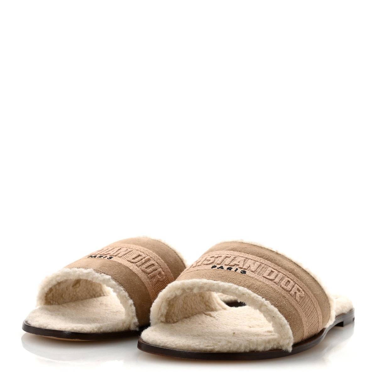 Christian Dior Suede Shearling Women's Dway Slide Sandals 38 Cookie