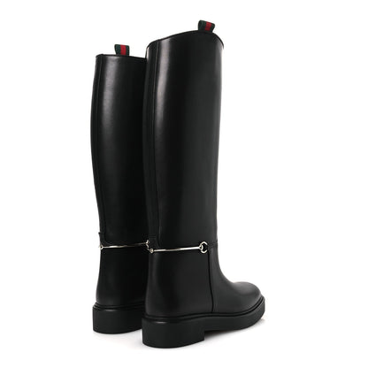 Gucci Shiny Calfskin Women's Michelangelo Slim Horsebit Riding Boots 38 Black