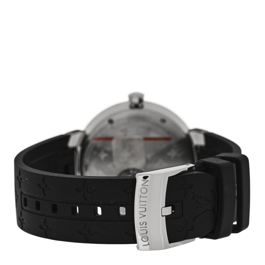 Louis Vuitton Stainless Steel Rubber Diamond 33mm Tambour Slim Quartz Watch Black
