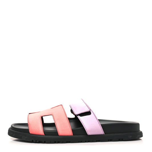 Hermes Satin Crepe Women's Chypre Sandals 37.5 Rose Peche Violet Petale