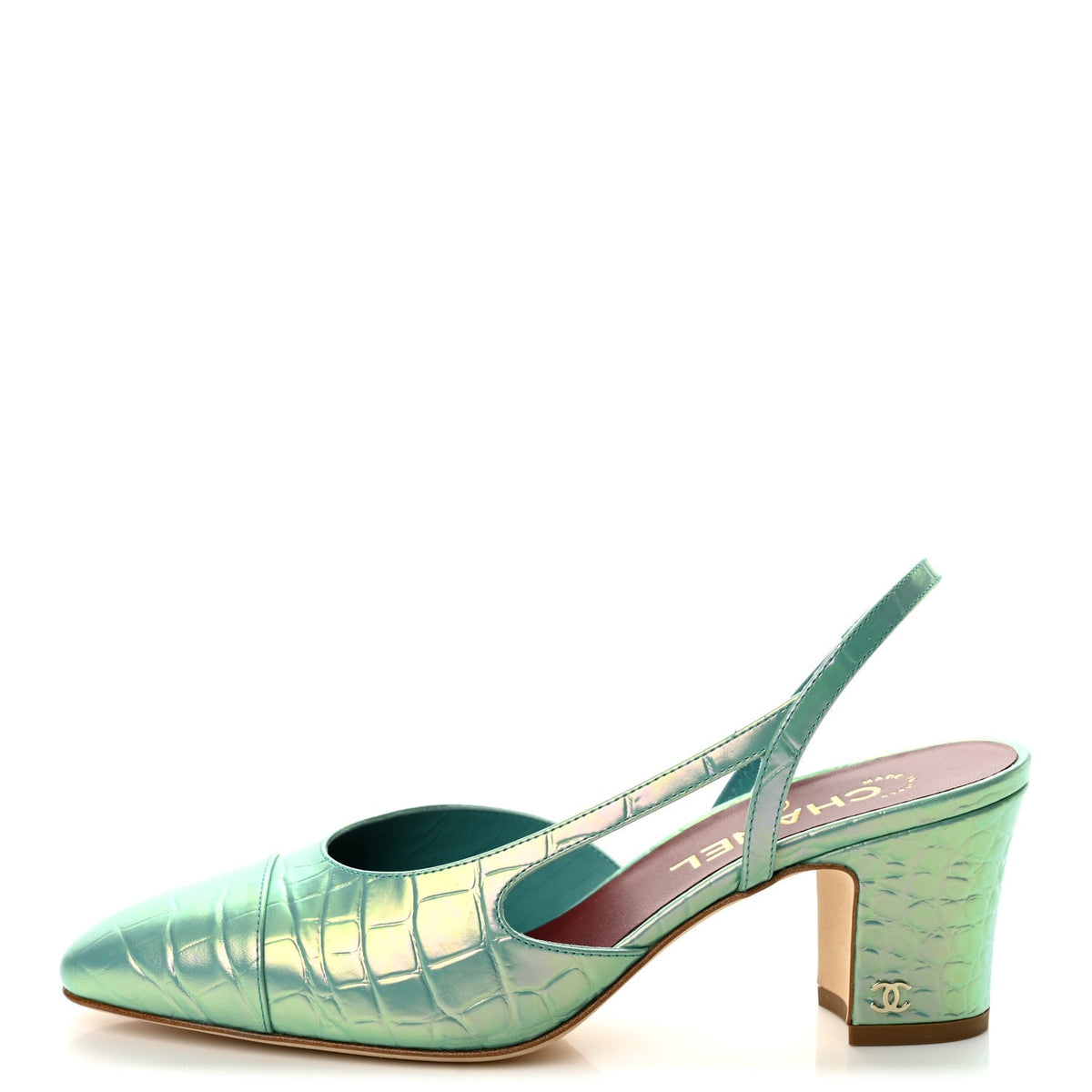 Iridescent Calfskin Crocodile CC Slingback Pumps Green