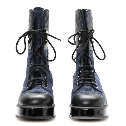 Chanel Fabric Patent Lambskin Women's Quilted CC Lace Up Combat Boots 36.5 Navy Blue Black