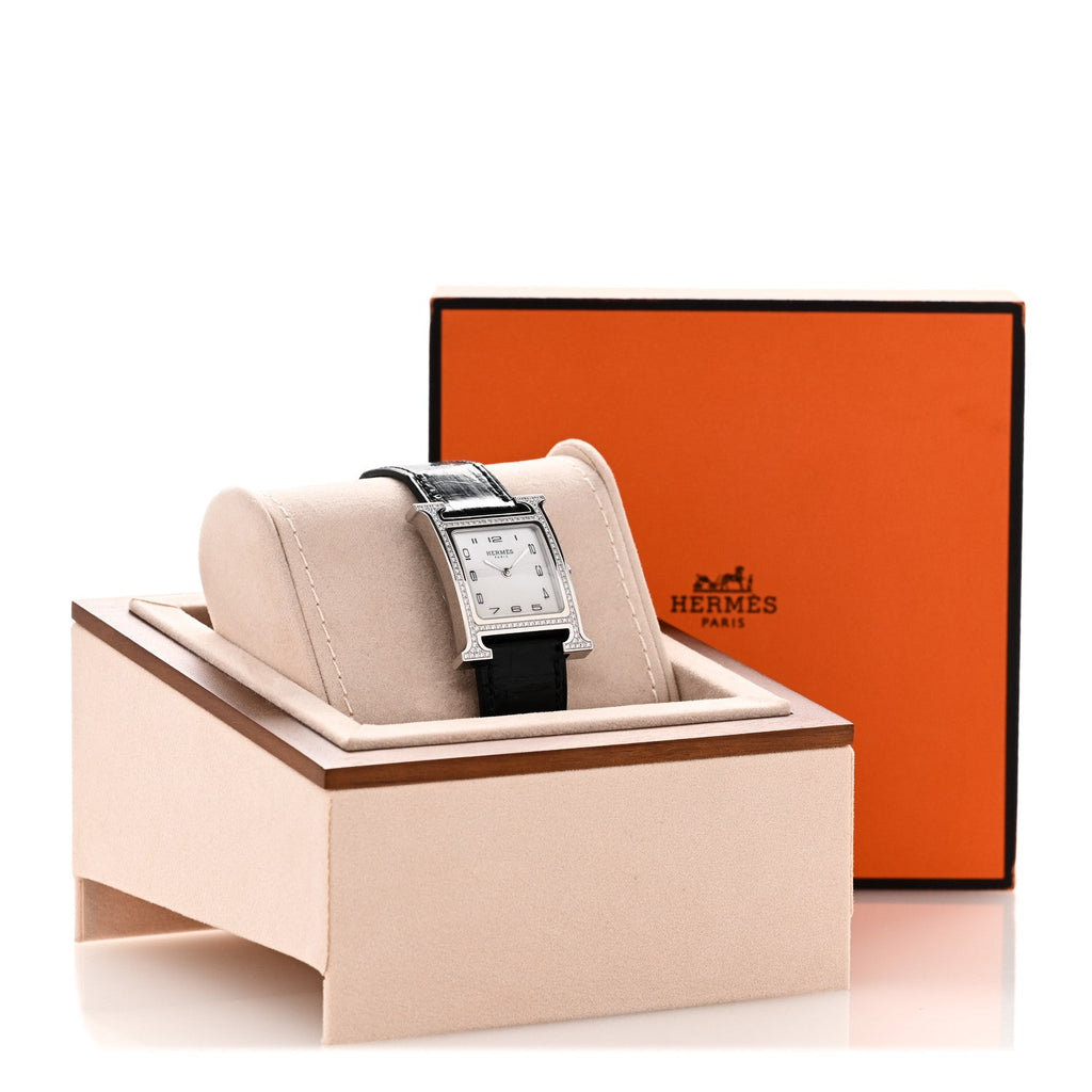 Hermès Stainless Steel Alligator Diamond Mother of Pearl 26mm Heure H Watch Noir
