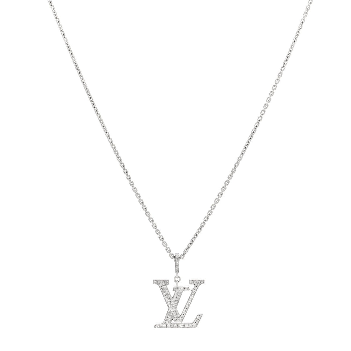 18K White Gold Diamond LV Medium Pendant Necklace