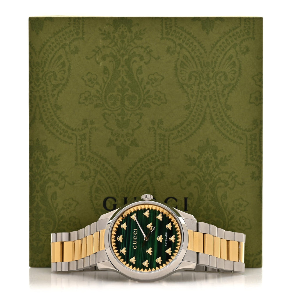 Gucci Stainless Steel Malachite 38mm G-Timeless Two Tone Bee Automatic Watch