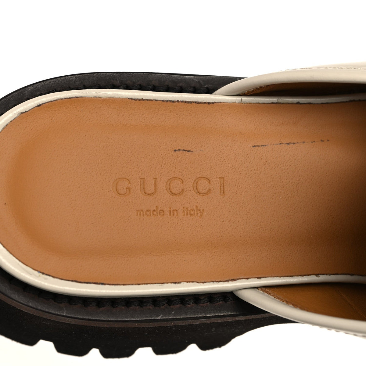 Gucci Smooth Calfskin Women's Cordovan Lux Horsebit Platform Mules 37 Mystic White
