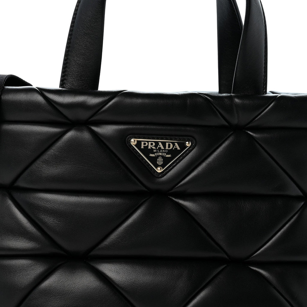 Prada Nappa Triangle Quilted Double Handled Zip Pocket Tote Black