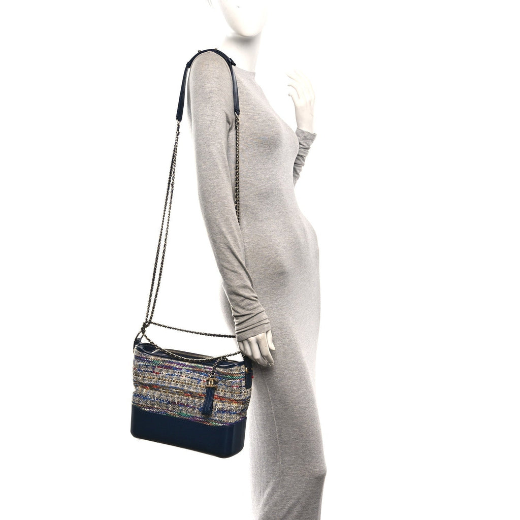 Chanel Tweed Calfskin Quilted Medium Gabrielle Hobo Navy