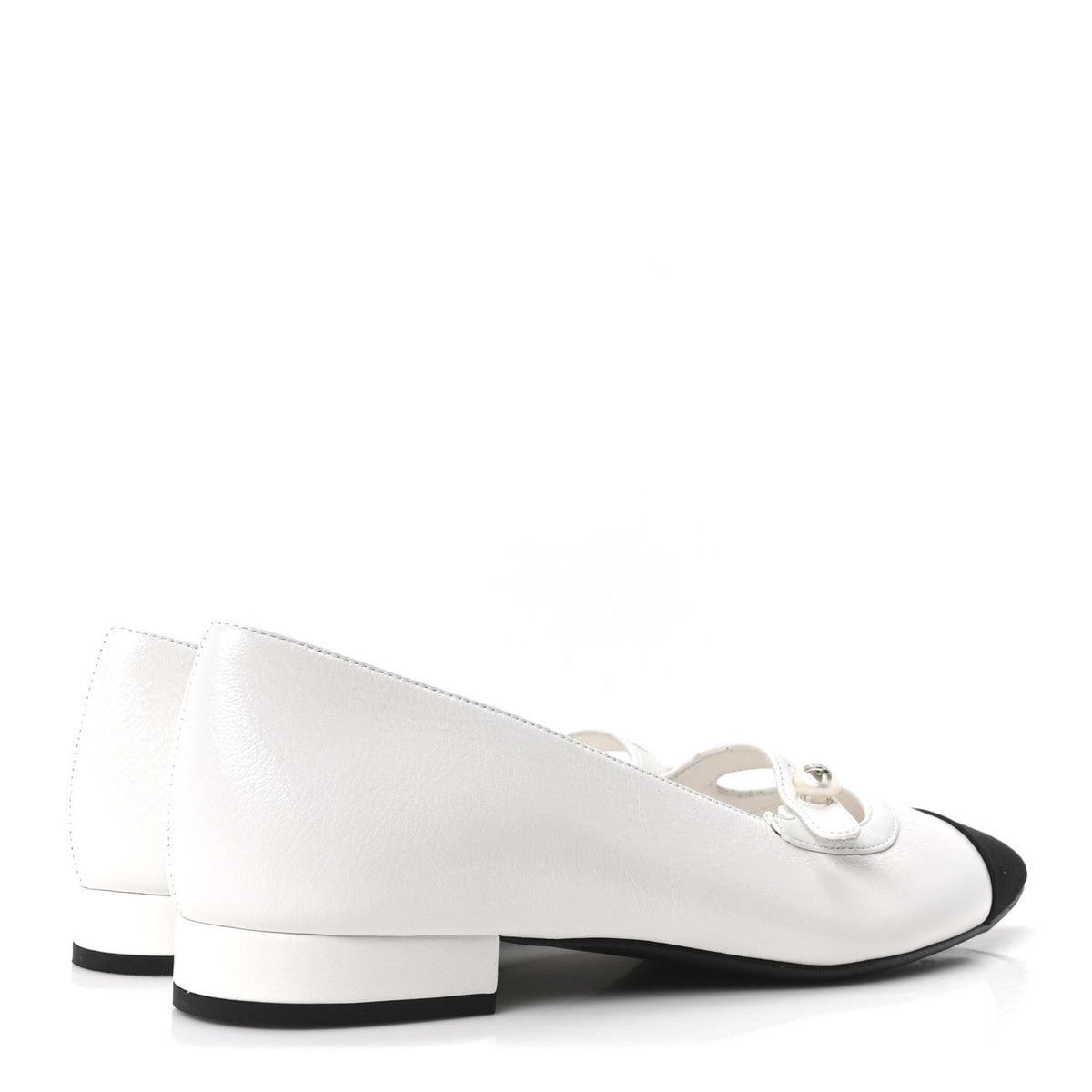 Chanel Lambskin Grosgrain Women's Pearl Mary Janes Flats 37.5 White Black