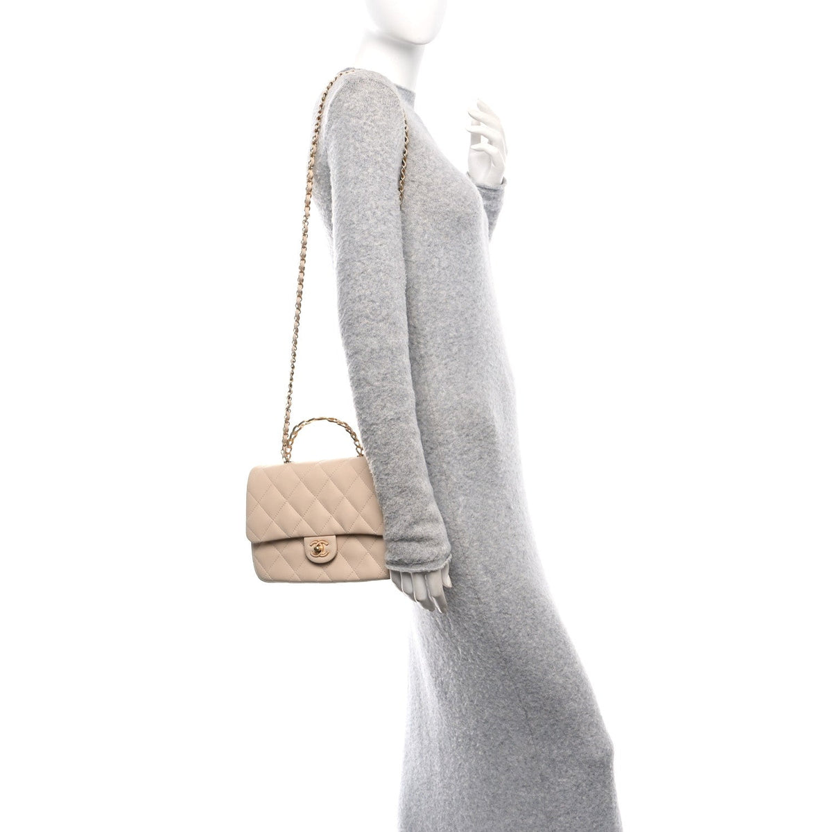 Chanel Lambskin Quilted Metal Enamel Top Handle Flap Beige