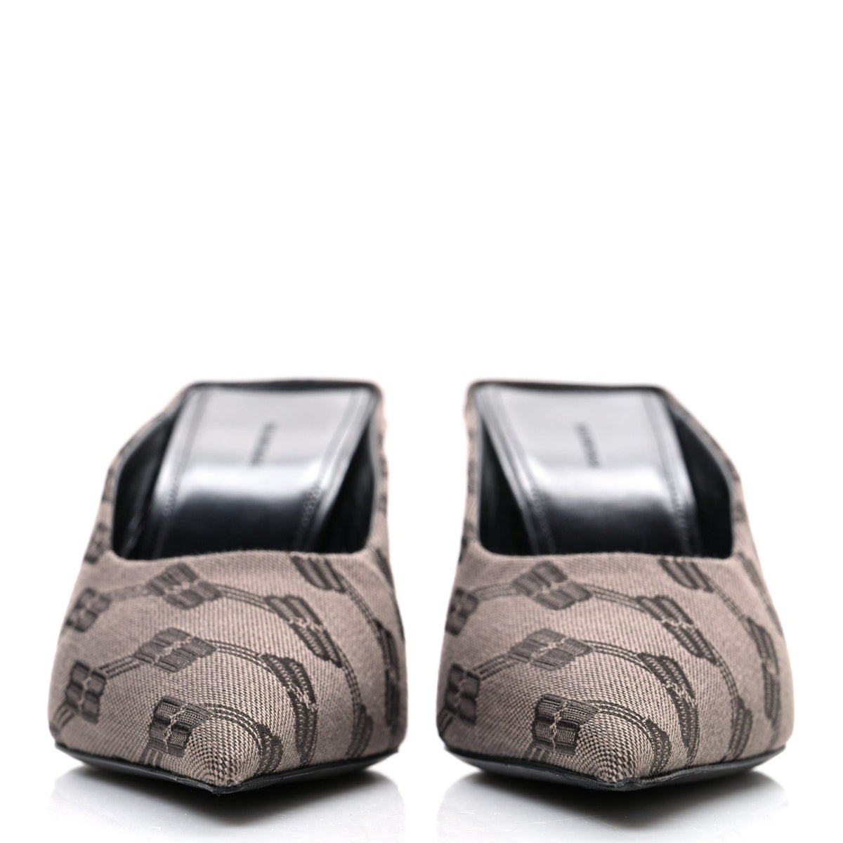 Balenciaga Monogram Canvas Women's Square Knife 80mm Mules 38.5 Dark Mink Grey Dark Brown