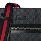 Gucci GG Supreme Calfskin Web Flat Messenger Bag Black Grey