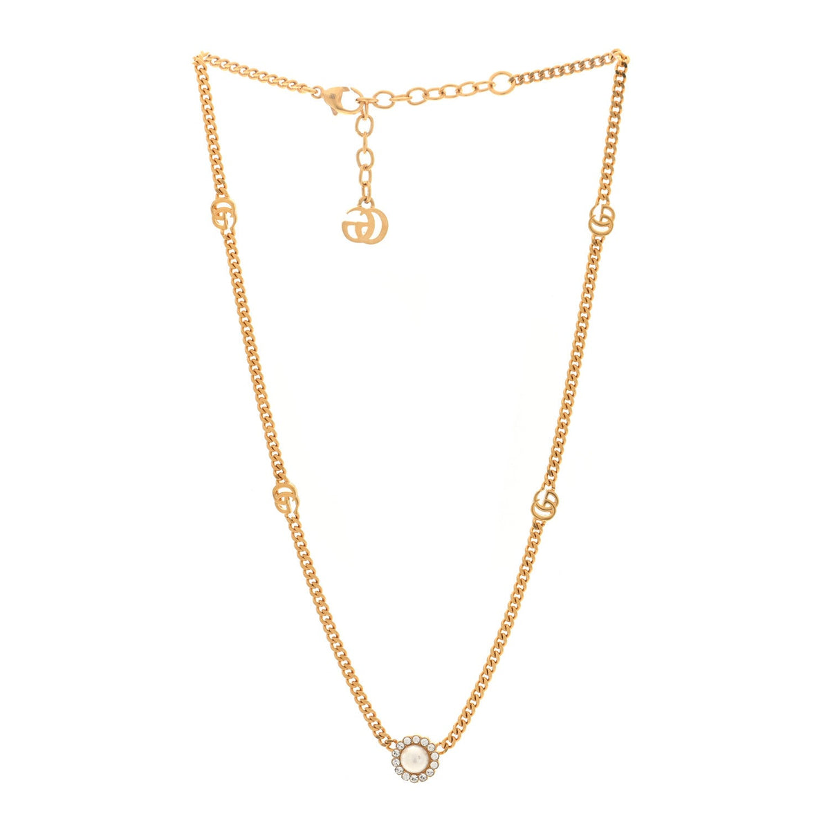 Crystal Pearl Double G Marmont Flower Necklace Gold