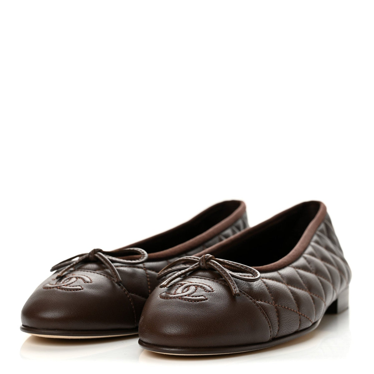 Chanel Lambskin Quilted CC Women's Ballerina Flats 38 Dark Brown