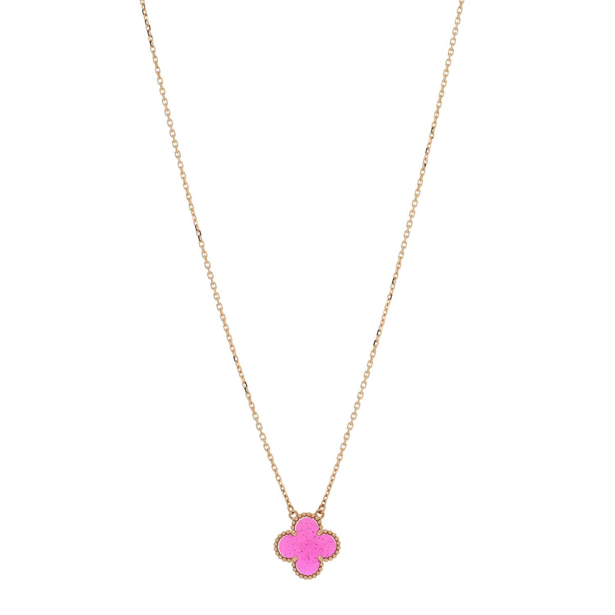 18K Yellow Gold Pink Enamel Vintage Alhambra Pendant Necklace