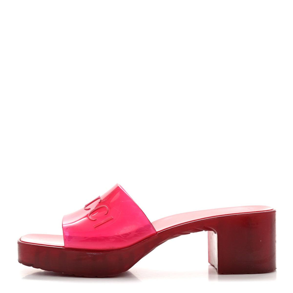 Gucci Rubber Logo Women's Platform Slide Sandals 38 Transparent Hibiscus Red
