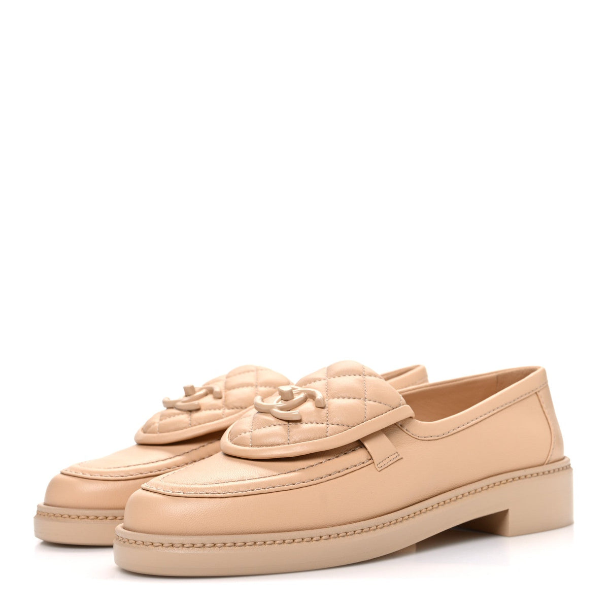 Chanel Lambskin Quilted CC Turnlock Beige Women's Moccasins