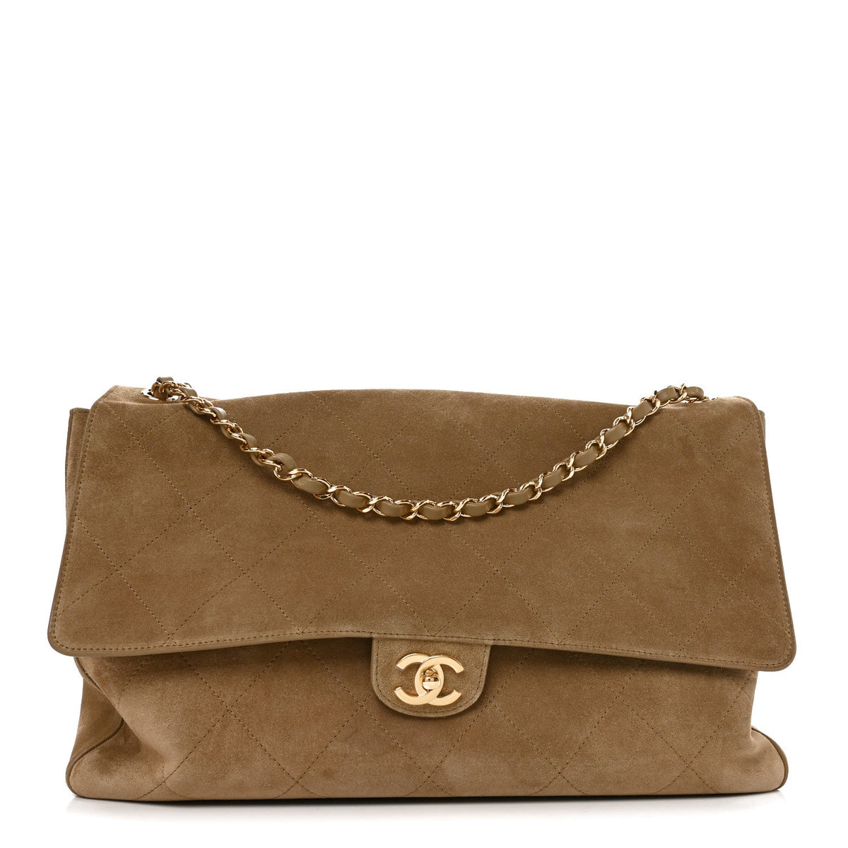Maxi Calfskin Suede Flap Shoulder Bag - Beige