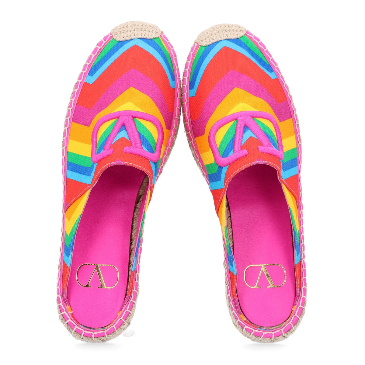 Valentino Garavani Canvas Raffia Chevron Print 1973 Women's Espadrille Flats Multicolor