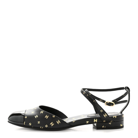Chanel Lambskin Patent Calfskin Women's Cap Toe CC Slingbacks 36.5 Black Gold