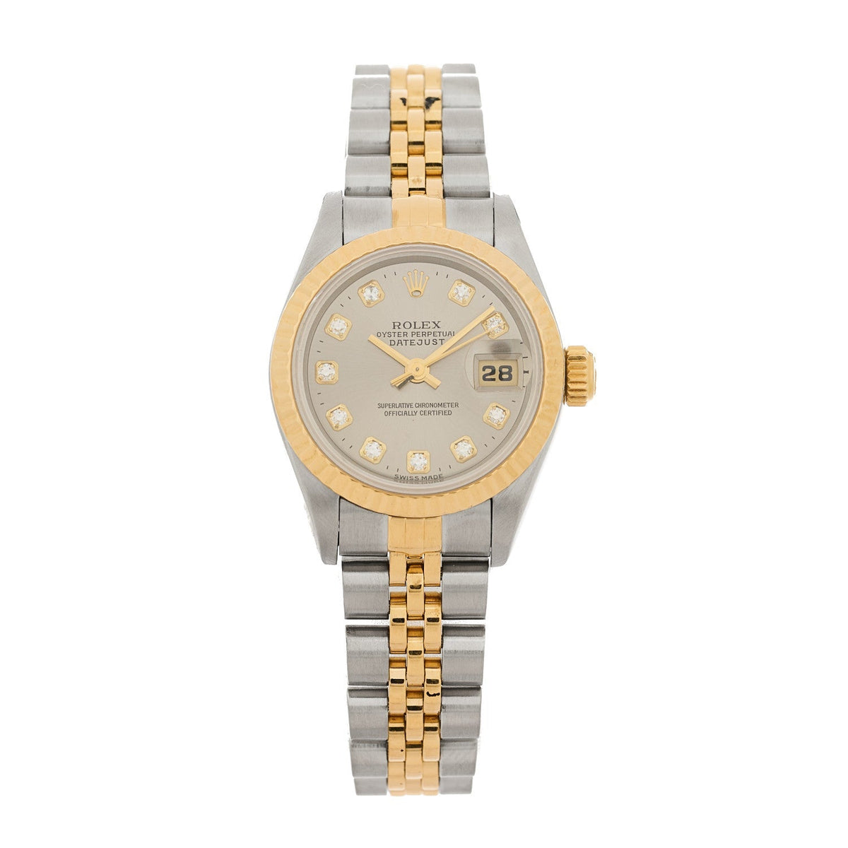 Rolex Stainless Steel 18K Yellow Gold Diamond 26mm Datejust Watch Silver 69173
