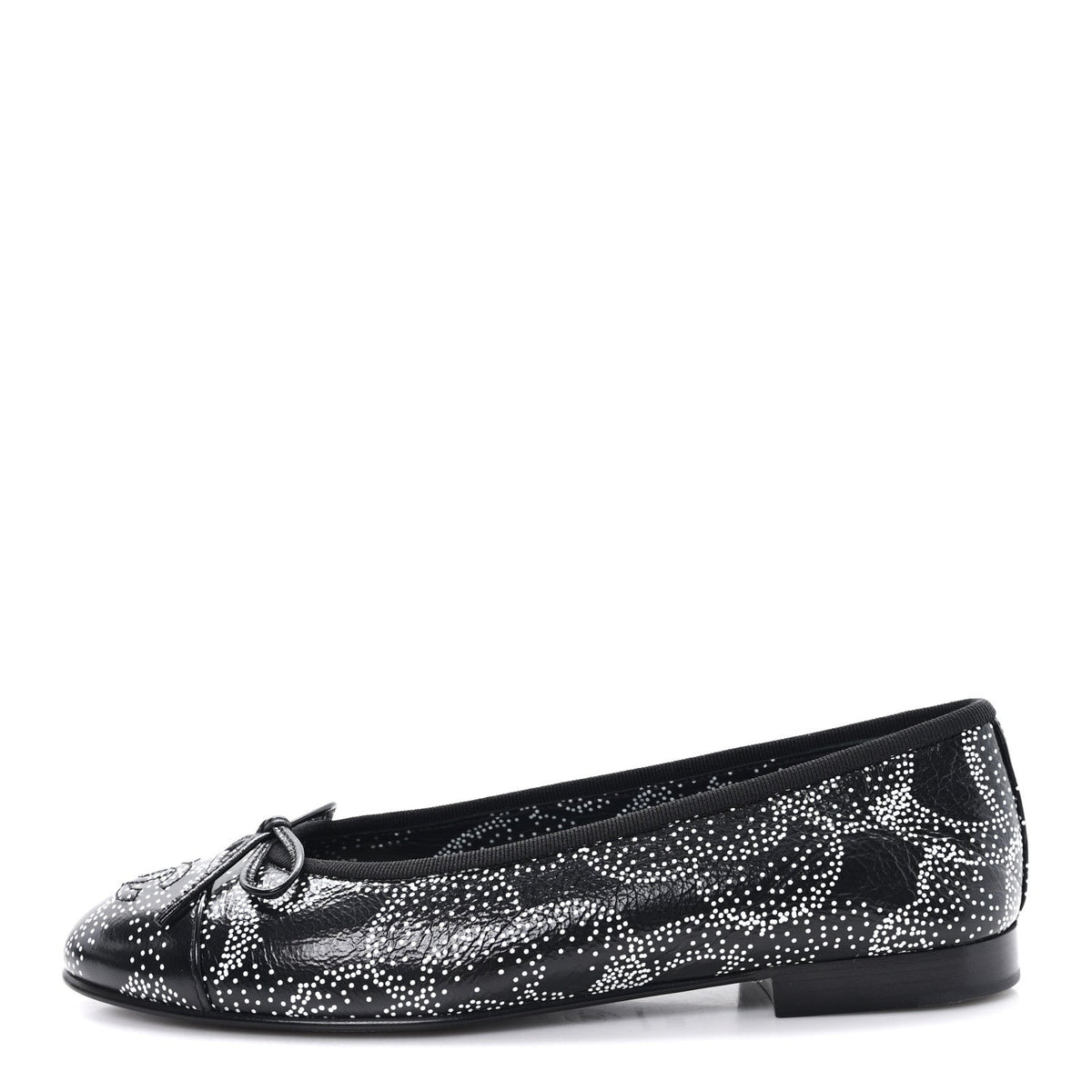 Calfskin Camellia Printed Cap Toe Ballerina Flats Black White