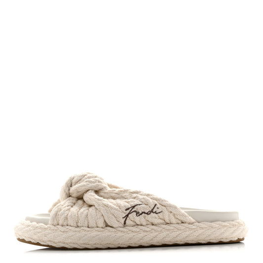 Fendi Jacquard Women's Tessuto Treccia Ricamo Logo Slides 40 Grezzo Moka