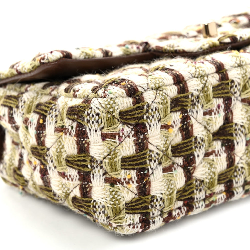 Chanel Tweed Quilted Mini Rectangular Flap Bag Green Brown
