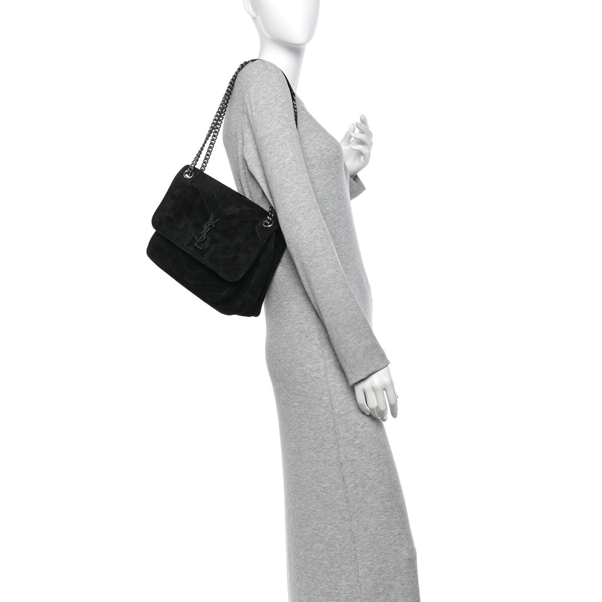 Saint Laurent Suede Monogram Medium Niki Chain Satchel Black