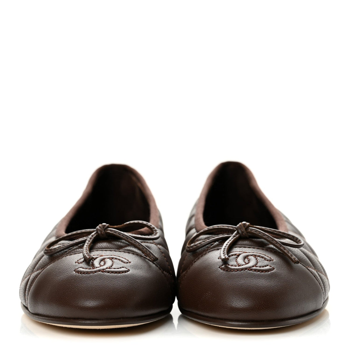 Chanel Lambskin Quilted CC Women's Ballerina Flats 38 Dark Brown