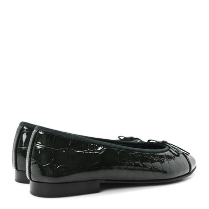 Chanel Crocodile Embossed Patent Calfskin CC Women's Ballerina Flats Dark Green Black