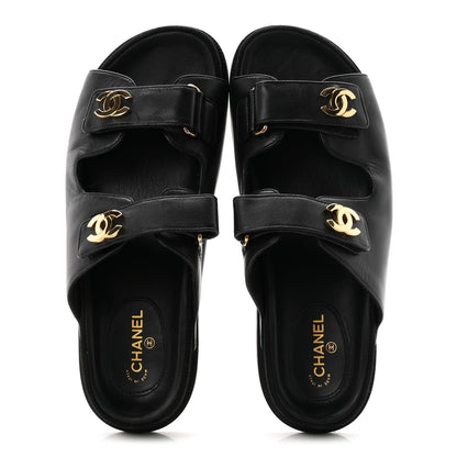 Chanel Lambskin Velcro Dad Chain CC Women's Slide Sandals Black